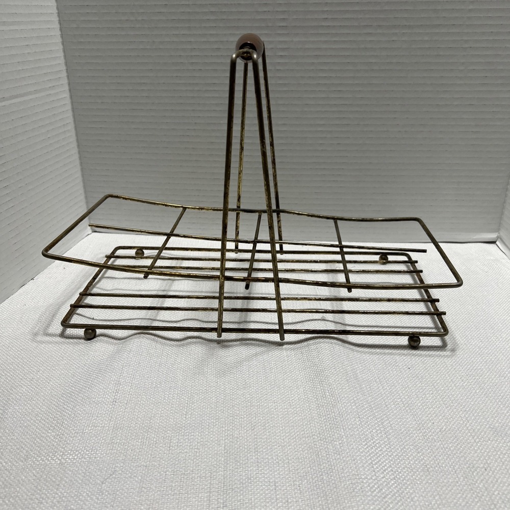 Vintage MCM Gold Tone Wire/8 Glass Caddy Wood Handle Barware Carrier